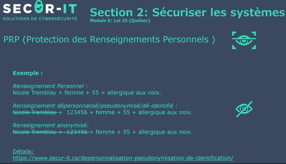L'anonymisation est le processus de modification des données de manière à ce qu'elles ne puissent pas être associées à une personne identifiable. Voici quelques méthodes couramment utilisées pour anonymiser les données dans le cadre de la conformité à la Loi 25.